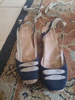 Gaimo Navy Espadrille Wedge Sandals with Cream Straps